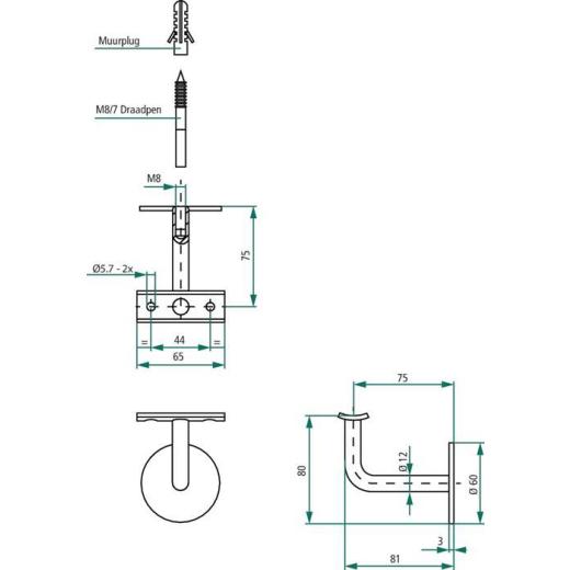 Handlaufträger VA ma D.Wandplatte 60mm gewölbte Auflage INTERSTEEL