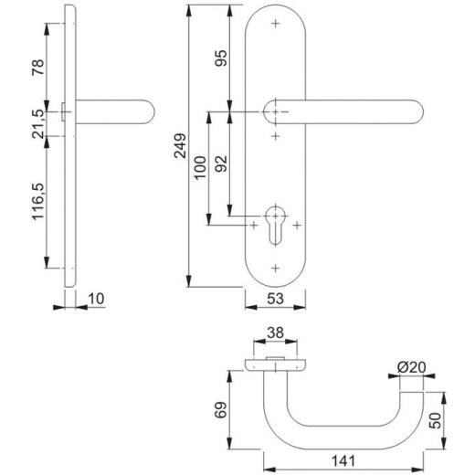 Langschild-Halbgarnitur Paris E138F/3310 VA F69 PZ 92mm DIN L/R HOPPE