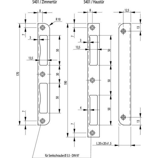 Winkelschließbl.S401 STA silber ZT ktg.B20xL170mm ktg.T.20mm DIN L/R BKS