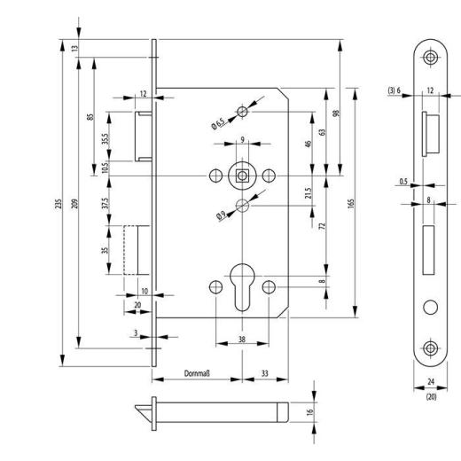 Panik-Einsteckschloss 1201 Fkt.E rd 24/65/72/9mm DIN L verz.BKS
