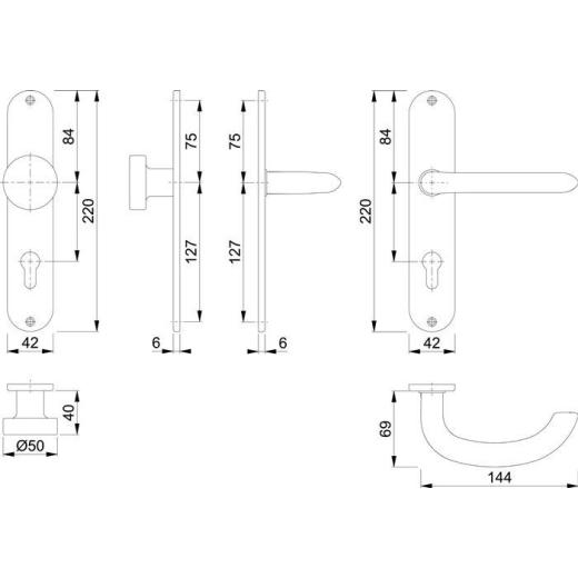 Langschildgarnitur Mar.E58/302/1138Z VA F69 PZ 72mm DIN L/R HOPPE