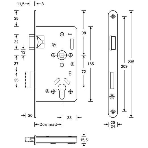 Panik-Einsteckschloss Ser.20 APE Fkt.E rd 20/55/72/9mm DIN re.VA SSF