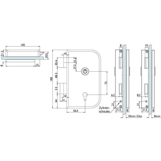 Glastürschloss 6033 PZ L-Roma VA ma PZ DIN li.HERMAT