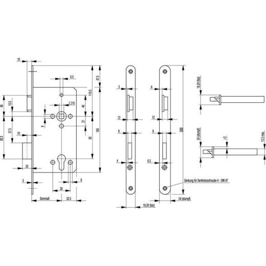 BKS - Front Door Mortise Lock B-0024, 20/55 mm, PZW Design, Square Faceplate, DIN Right