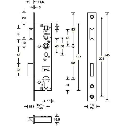 RR-Einsteckschl.PZW 24/30/92/8mm DIN L/R STA ma chroma.Riegelausschl.15mm 245mm