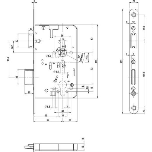 Panik-Einsteckschloss 2320 Fkt.B rd 24/65/72/9mm DIN L/R VA BKS